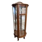 Vintage Oak Curio Display Cabinet with Glass Shelves and Leaded Glass Door