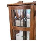 Vintage Oak Curio Display Cabinet with Glass Shelves and Leaded Glass Door