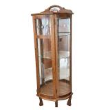 Vintage Oak Curio Display Cabinet with Glass Shelves and Leaded Glass Door