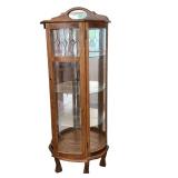 Vintage Oak Curio Display Cabinet with Glass Shelves and Leaded Glass Door