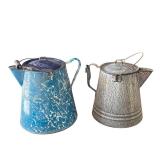 Set of 2 Vintage Enamelware Coffee Pots Blue and Gray
