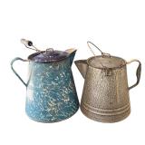 Set of 2 Vintage Enamelware Coffee Pots Blue and Gray