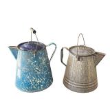 Set of 2 Vintage Enamelware Coffee Pots Blue and Gray