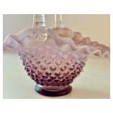 Vintage Purple Opalescent Hobnail Glass Basket with Ruffled Edge, 9 Inch