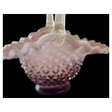 Vintage Purple Opalescent Hobnail Glass Basket with Ruffled Edge, 9 Inch