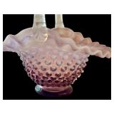 Vintage Purple Opalescent Hobnail Glass Basket with Ruffled Edge, 9 Inch