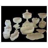 Collection of Vintage White Milk Glass Decorative Dishes and Bowls