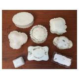 Collection of 8 Antique and Vintage Decorative Milk Glass Trinket Boxes