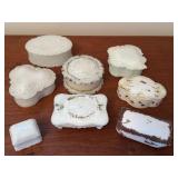Collection of 8 Antique and Vintage Decorative Milk Glass Trinket Boxes
