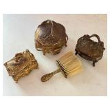 Antique Art Nouveau Vanity Set with B&W Trinket Boxes and Brush