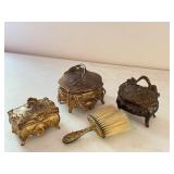 Antique Art Nouveau Vanity Set with B&W Trinket Boxes and Brush