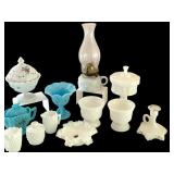 Collection of Vintage Milk Glass and Blue Opaline Glassware with Oil Lamp