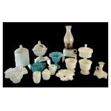 Collection of Vintage Milk Glass and Blue Opaline Glassware with Oil Lamp