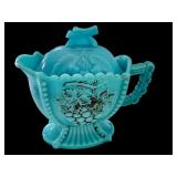 Collection of Vintage Milk Glass and Blue Opaline Glassware with Oil Lamp