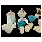 Collection of Vintage Milk Glass and Blue Opaline Glassware with Oil Lamp