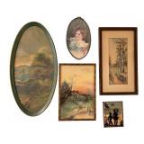 Assorted Vintage Framed Artwork and Prints, Including Original Watercolors - Set of 5