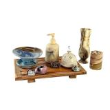Artisan Pottery and Alabaster Bath Set with Wooden Tray