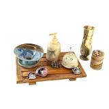 Artisan Pottery and Alabaster Bath Set with Wooden Tray