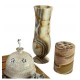 Artisan Pottery and Alabaster Bath Set with Wooden Tray