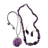 Amethyst Jewelry Set with Beaded Necklace, Slice Pendant, and Earrings