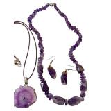 Amethyst Jewelry Set with Beaded Necklace, Slice Pendant, and Earrings