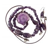 Amethyst Jewelry Set with Beaded Necklace, Slice Pendant, and Earrings