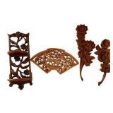 Set of 4 Vintage Hand Carved Wooden Wall Hangings and Shelf