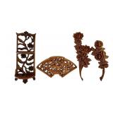 Set of 4 Vintage Hand Carved Wooden Wall Hangings and Shelf
