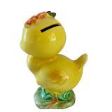 Vintage 5-Inch Ceramic Chick Coin Bank with Floral Accent
