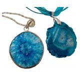 Set of 2 Blue Dyed Agate Pendants with Necklaces