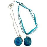Set of 2 Blue Dyed Agate Pendants with Necklaces