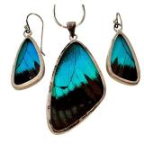 Set of Butterfly Wing Pendant and Earrings with Unmarked Sterling Silver Frames