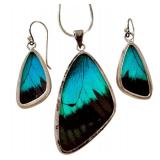 Set of Butterfly Wing Pendant and Earrings with Unmarked Sterling Silver Frames