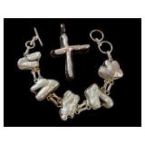 Sterling Silver Baroque Pearl Bracelet and Cross Pendant Set