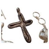 Sterling Silver Baroque Pearl Bracelet and Cross Pendant Set