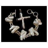 Sterling Silver Baroque Pearl Bracelet and Cross Pendant Set