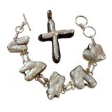Sterling Silver Baroque Pearl Bracelet and Cross Pendant Set
