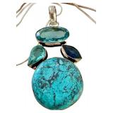 Sterling Silver Chain Necklace with Chrysocolla, Topaz, and Sapphire Pendant
