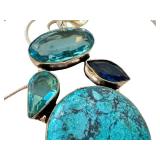 Sterling Silver Chain Necklace with Chrysocolla, Topaz, and Sapphire Pendant