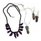 Titanium Quartz Jewelry Set with Purple Coated Crystals and Sterling Silver Chain