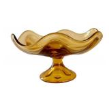 Mid Century Modern Six Petal Amber Glass Compote