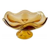 Mid Century Modern Six Petal Amber Glass Compote