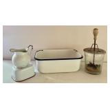 Vintage Kitchenware Lot with Enamelware Pans and Glass Butter Churn