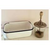 Vintage Kitchenware Lot with Enamelware Pans and Glass Butter Churn