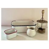 Vintage Kitchenware Lot with Enamelware Pans and Glass Butter Churn