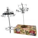 Assorted Jewelry Organizers Including Floral Box and Metal Stands