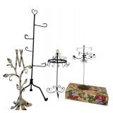 Assorted Jewelry Organizers Including Floral Box and Metal Stands