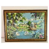 Vintage Framed Needlepoint Artwork with Swans and Pavilion
