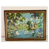 Vintage Framed Needlepoint Artwork with Swans and Pavilion