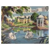Vintage Framed Needlepoint Artwork with Swans and Pavilion